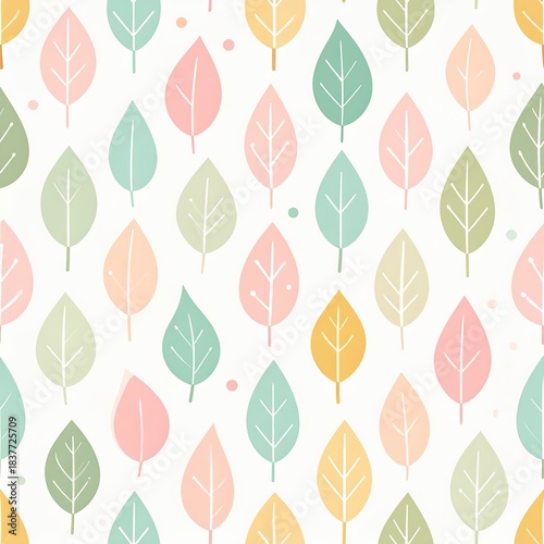 Seamless Pattern of Pastel Leaves and Dots on White Background Vector Illustration