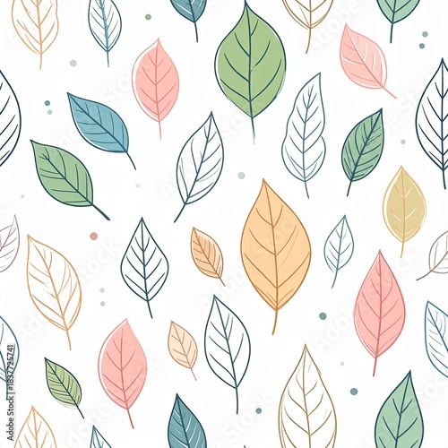 Seamless Pattern of Pastel Leaves and Dots on White Background Vector Illustration
