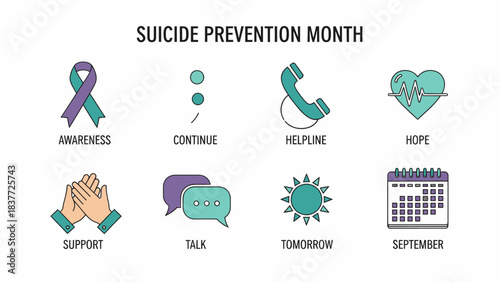 Infographic featuring eight icons for Suicide Prevention Month in purple and teal