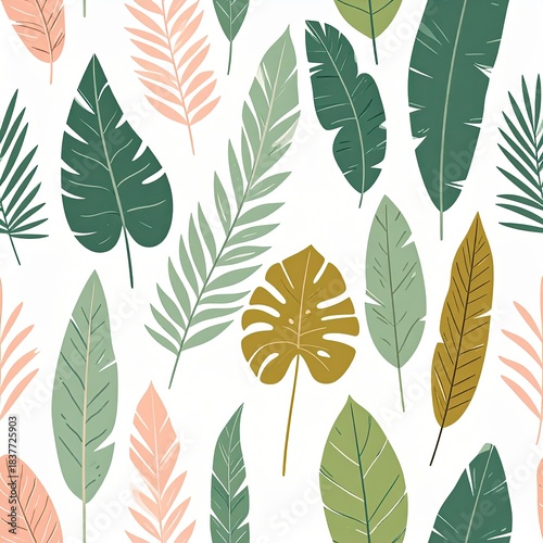 Tropical Leaves Seamless Pattern, Green and Pink Botanical Design on White Background