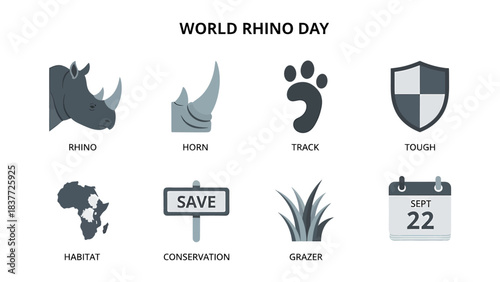 World Rhino Day infographic showing eight icons rhino head horn footprint shield Africa map Save sign grass and calendar showing Sept 22