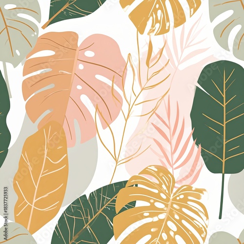 Tropical Leaves Seamless Pattern, Monstera and Palm Leaves in Pastel Colors