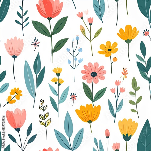Colorful Floral Seamless Pattern with Flowers and Leaves on White Background