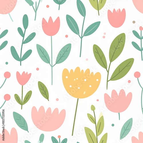 Pastel Floral Seamless Pattern with Tulips and Leaves on White Background