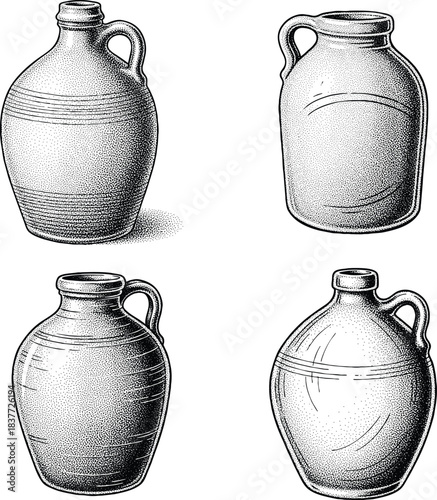 A collection of four detailed, vintage-style illustrations of antique stoneware jugs or crocks, each featuring a handle and distinct shape. The artwork uses a stippling or cross-hatching technique