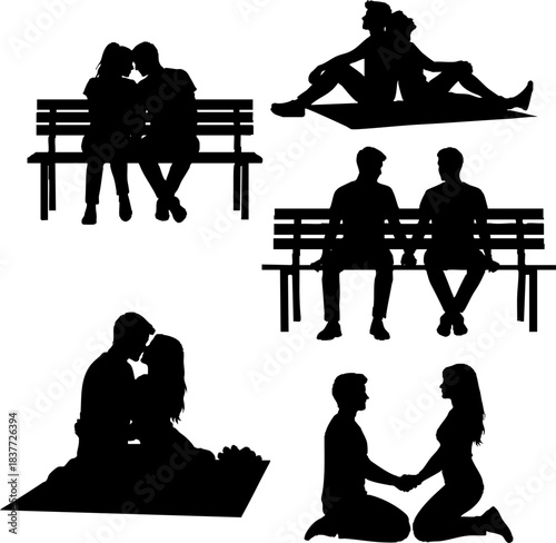 Romantic Couples on Benches Silhouette Set