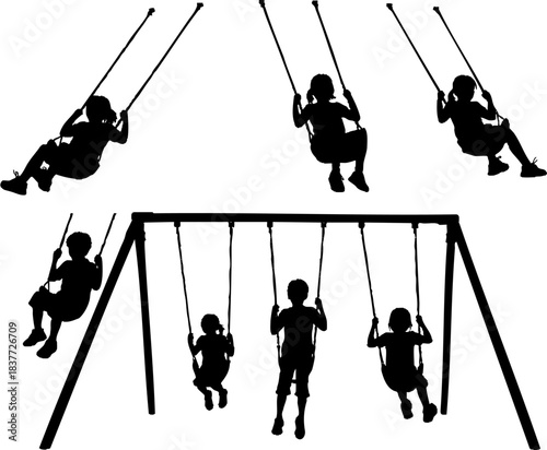 Children Swinging on Playground Set Silhouettes