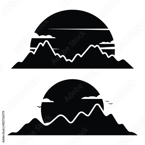 Sunset behind Mountains Vector, Silhouette, Illustration