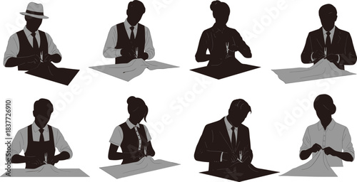 Vector illustration set of sailors navigating traditional wooden sailboats, symbolizing seafaring, maritime transport, leisure, and professional nautical adventure concepts.