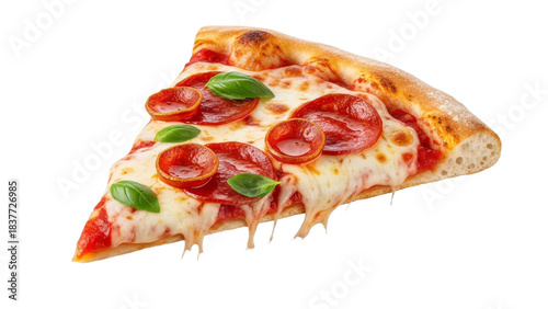 A Mouthwatering Slice of Pepperoni Pizza Garnished with Fresh Basil on a White Surface
