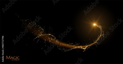 Golden shiny spiral line effect with magic dust particles effect flying around. Vector background.