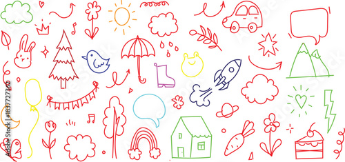 hand drawing collection  colorful line-art doodles featuring various icons and elements in a whimsical, childish style. 