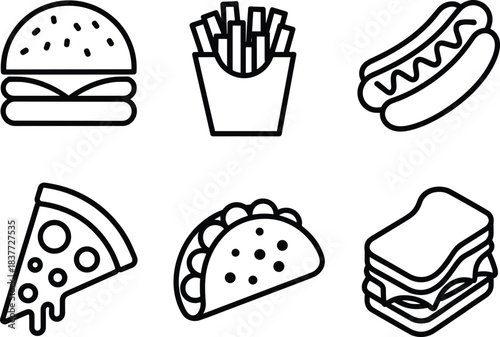 Minimalist black and white fast food icons set, burger, fries, hot dog, pizza slice, taco and sandwich line art