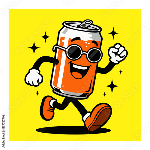 Vibrant cartoon soda can mascot with sunglasses happily running, surrounded by sparkles on a bright yellow background, exuding joy and energetic refreshment
