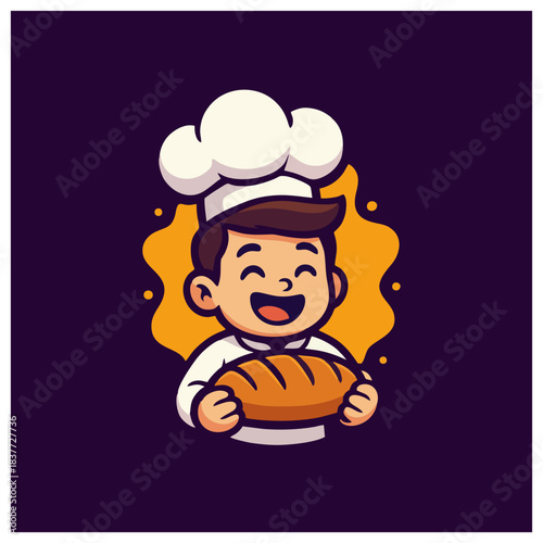 Cute cartoon baker holding a fresh loaf of bread, representing the art of baking and artisanal bread making with joy and passion