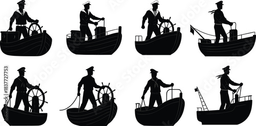 Vector silhouette collection of diverse sailors and boat captains steering ships with wheels, illustrating seafaring, navigation, maritime transport, and professional careers.