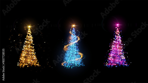 A magical Christmas tree made entirely of glowing, shiny particles. This enchanting digital fantasy scene is perfect for holiday invitations, festive website headers, and magical book illustrations.