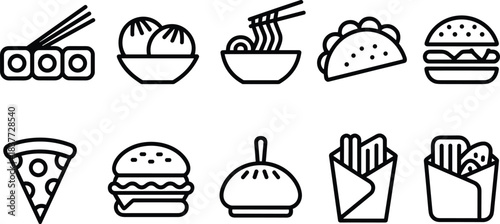 Minimalist line food icons set with sushi, dumplings, ramen, tacos, burgers, pizza slice, fries, nuggets, wrap and fast food symbols