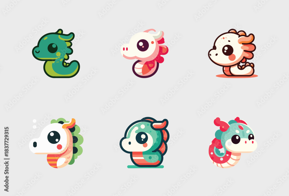 Obraz premium Cute Baby Dragon Set – Adorable Fantasy Creature Vector Icons