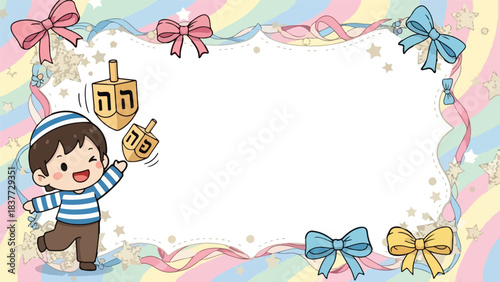 Hanukkah greeting card template. Jewish holiday frame. Cartoon boy with dreidel. Colorful bow and ribbon border. Vector illustration for Jewish celebration. Festive background with star