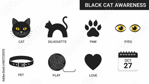 Black Cat Awareness icons Cat head silhouette paw eyes collar yarn heart and October 27th calendar