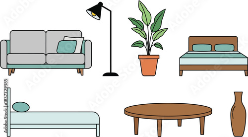 Minimalist interior design with furniture and plants in a simple line art style