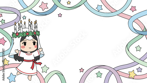 Birthday girl cartoon character. White background. Colorful ribbons and stars. Vector illustration for birthday greeting card, holiday decoration, or celebration design. Kawaii style.