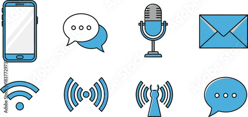 Communication icons set including smartphone microphone message and wireless signals