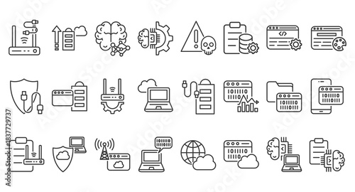 Icon Pack of Information Technology in Creative Outline Vector Style for Technology Business Featuring Modern Digital Systems Network Data Security Innovation Software Hardware and Communication