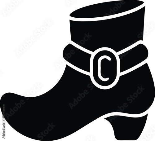 Black silhouette of a curled toe leprechaun boot with buckle on white background 3