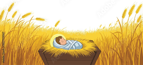 Baby Jesus in a manger. Sleeping infant in hay. Christmas nativity scene. Vector illustration. Brown cradle. Yellow straw. White background. Religious symbol. Newborn baby. Swaddled child.