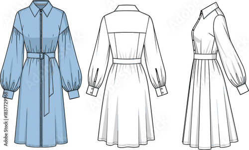 Women's dress fashion illustration, front back side views, puff sleeves, collared neckline, belted waist, garment sketch, pattern design