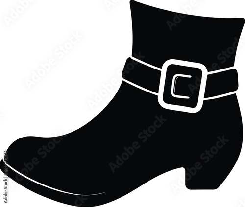 Black leprechaun boot silhouette with curled pointed toe and buckle