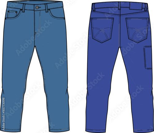 Blue jeans fashion illustration, front and back view, pocket details, stitching design, denim garment sketch, casual clothing concept