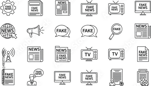 Fake news icon set, media symbols, misinformation graphics, black and white line style, communication tools, digital literacy illustration