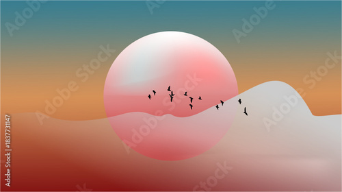 A serene crimson sun rises over soft dunes as birds glide across the pastel sky, blending warmth and calm in a tranquil desert dawn.