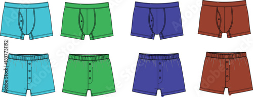 Men's underwear collection, briefs and boxers, assorted colors, front fly, buttoned fly, elastic waistband, fashion basics, male undergarments, apparel