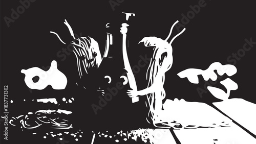 Two silhouetted figures raise their arms in a dramatic black and white stage performance.