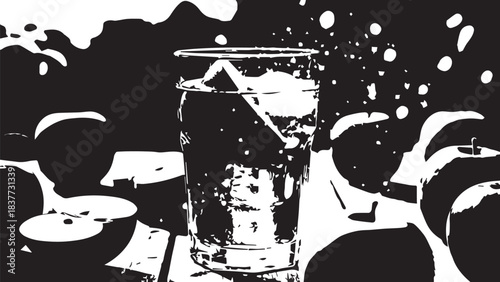 High-contrast abstract scene featuring a glass and tableware on a reflective dining surface.