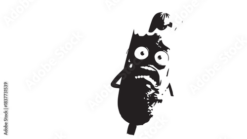 Playful black cartoon cat clinging to a wall with wide eyes and curious expression.