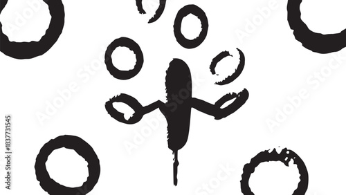 Abstract black circles and a lone stick figure create a dynamic, minimal silhouette in a bold geometric composition.