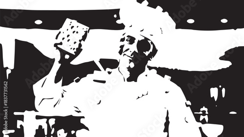 Silhouette of a man wielding an axe in a high-contrast outdoor scene.