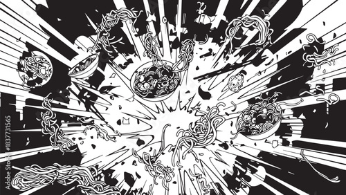 Abstract monochrome explosion depicting space debris, planets, and radial burst.