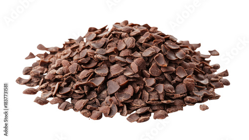 Pile of chocolate rice flakes with rich glossy coating and crispy texture ideal for snack or dessert toppings isolated on white background