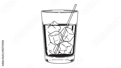 Elegant glass with ice cubes and straw in a refreshing beverage.