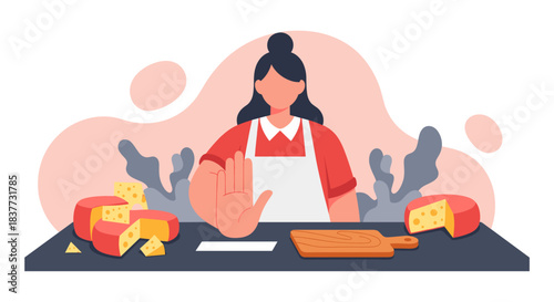 Flat vector illustration of a woman in an apron making a stop hand gesture to refuse cheese on a table, symbolizing lactose intolerance, dairy allergy, or dieting concept.