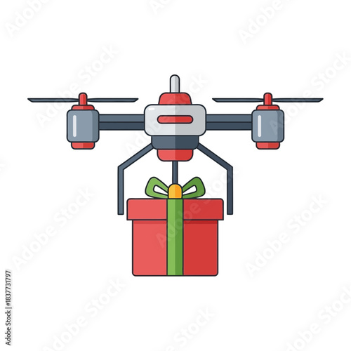 Drone delivering a red gift box with a green ribbon and yellow bow, symbolizing modern delivery services.