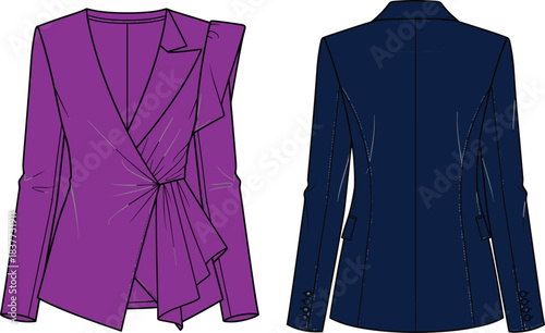 Women's blazer fashion illustration, purple and navy styles, asymmetrical drape, classic tailoring, garment design, couture sketch, structured silhouette