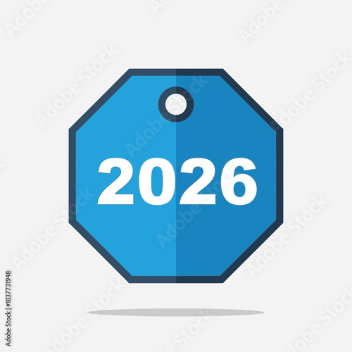 A blue octagonal tag with the year "2026" in white text, featuring a hole at the top.
