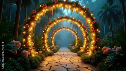 Romantic Floral Light Archway Vector, Decorative Garden Path Scene, Wedding Background and Dreamy Wallpaper